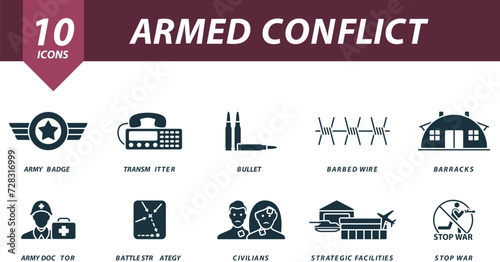 Armed conflict icon set. Creative icons: army badge, transmitter, bullet, barbed wire, barracks, army doctor, battle strategy, civilians, strategic facilities, stop war.