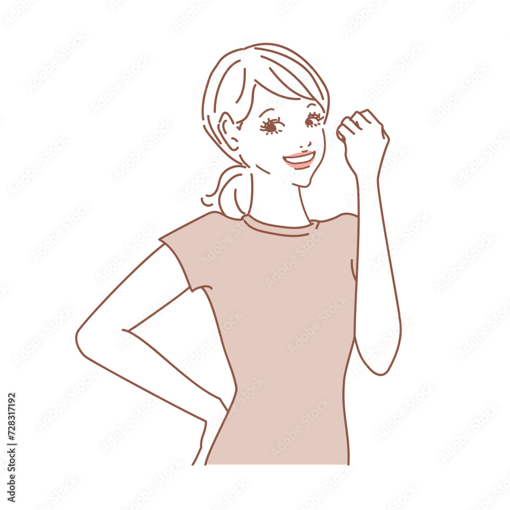 髪を後ろでまとめた健康的な女性上半身
