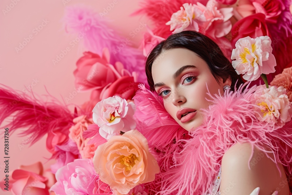 A stunning woman exudes confidence and glamour as she dons a pink feather boa and adorns her head with a delicate rose headpiece, capturing the essence of beauty and fashion in one captivating photo