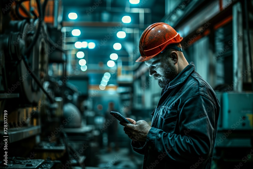 A focused construction worker checks his phone while wearing a hard hat indoors, his human face reflecting determination on the busy street outside
