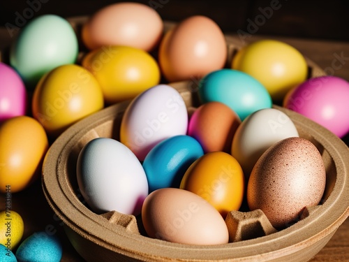 Close-up of a small plate with colorful Easter eggs on a blurred background in the evening, glowing lanterns in the shape of an egg, sideways. Easter background.