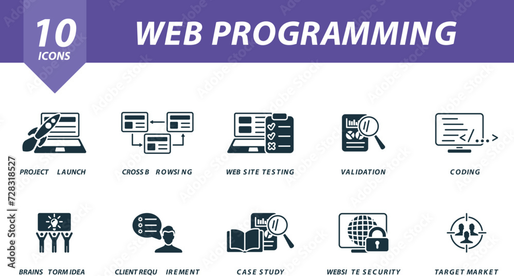 Obraz premium Web programming set. Creative icons: project launch, cross browsing, website testing, validation, coding, brainstorm idea, client requirement, case study, website security, target market.