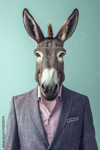 A curious person stands in front of a wall  marveling at the unexpected sight of a well-dressed donkey with its head held high