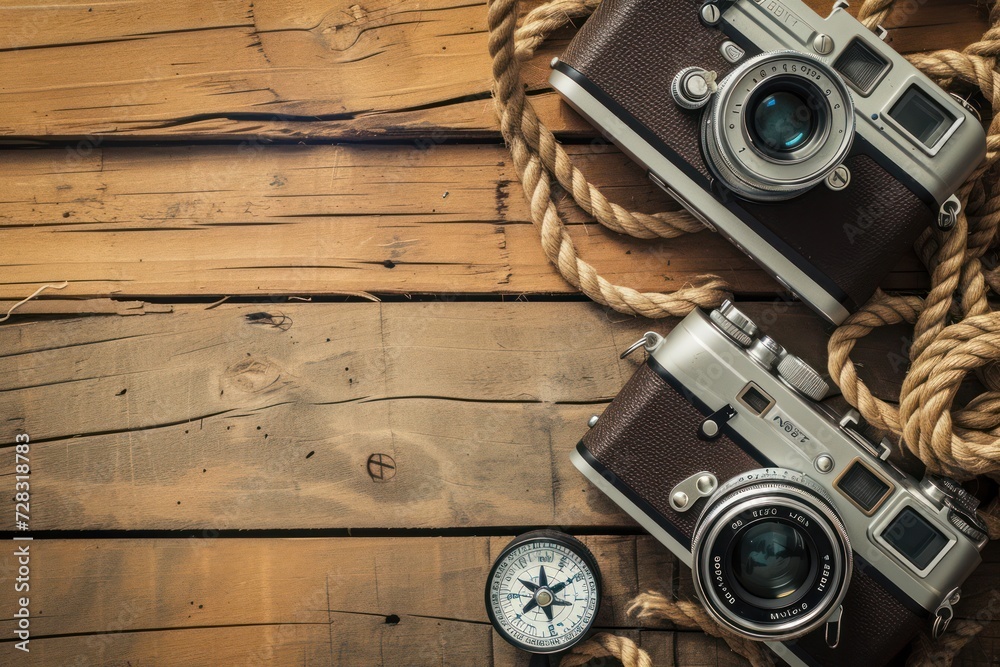 This is a photograph of two Antique retro cameras on vintage wood background. There is a lot of space for copy below. There is also a rope, compass and binoculars symbolizing a summer time adventure