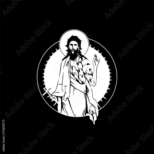 Traditional orthodox image of John the Baptist . Christian antique illustration black and white in Byzantine style