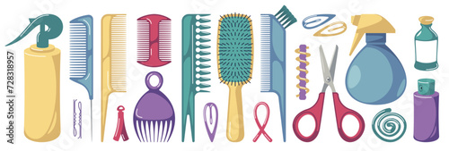 Cartoon comb. Hairbrush and hair styling tools, hairdressing accessories for haircut and hairstyle, beauty salon equipment. Vector isolated set. Scissors, hairpin, brush and spray bottle