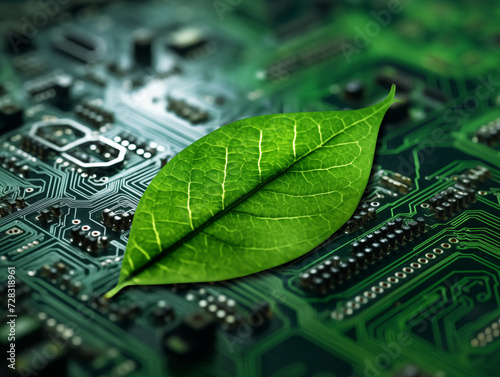 Green Leaf inside a Computer Circuit Board green technology and environmental technology Nature combined with digital technology.