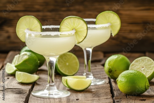 This is a photograph of two modern margarita glasses with a rim of salt surrounded by fresh cut limes on a retro wood background 