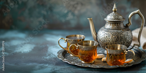 Ramadan concept - tratitional arabit tea with dates photo