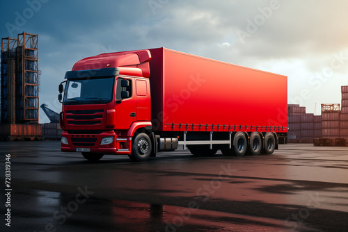 Red delivery cargo truck with long empty trailer with mockup space, industrial background