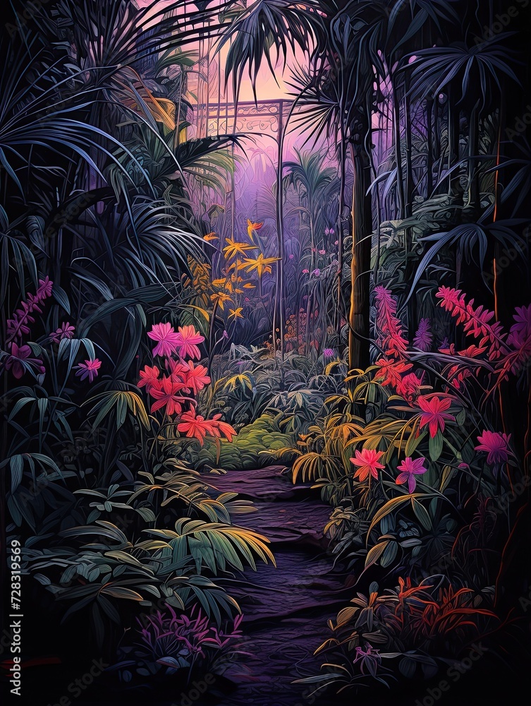 Obraz premium Neon Nightscapes: Glowing Botanical Wall Art in City Parks