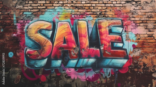 The word Sale is written on the wall in graffiti style. Spray paint street art discount. 