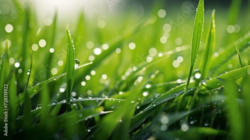 A close-up of dew-kissed grass blades  capturing the morning s serene and refreshing essence