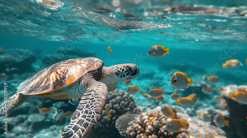 A graceful sea turtle gliding through crystal-clear waters  surrounded by schools of shimmering fish.