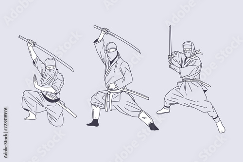 Set of outline illustrations of ninja