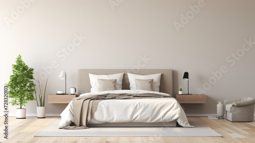A minimalist luxury bedroom with a plush, oversized headboard and soft, neutral tones. © olegganko