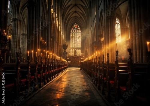 A long church with rows of pews and candles. Generative AI.