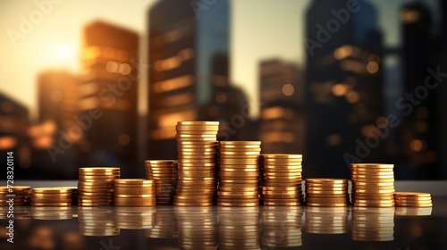 stack of coins with warm light and modern building background business and financial concept with copy space