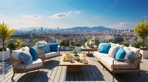A luxurious penthouse terrace with panoramic city views and designer outdoor furniture © olegganko