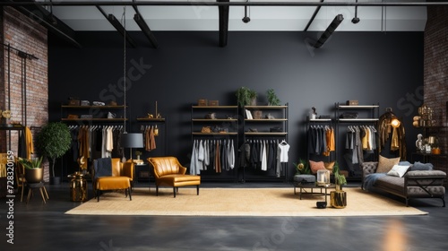 A lavish fashion studio with minimalist black-and-gold accents and soft, natu...