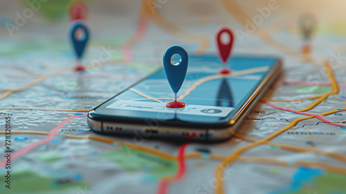 3D Map travel location on smartphone. Locator mark of map and location pin or navigation icon sign on background with search