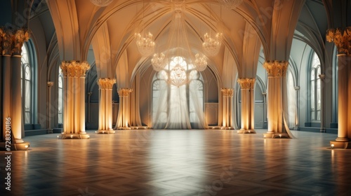 A luxurious fashion event venue featuring grand archways and soft, ethereal l...
