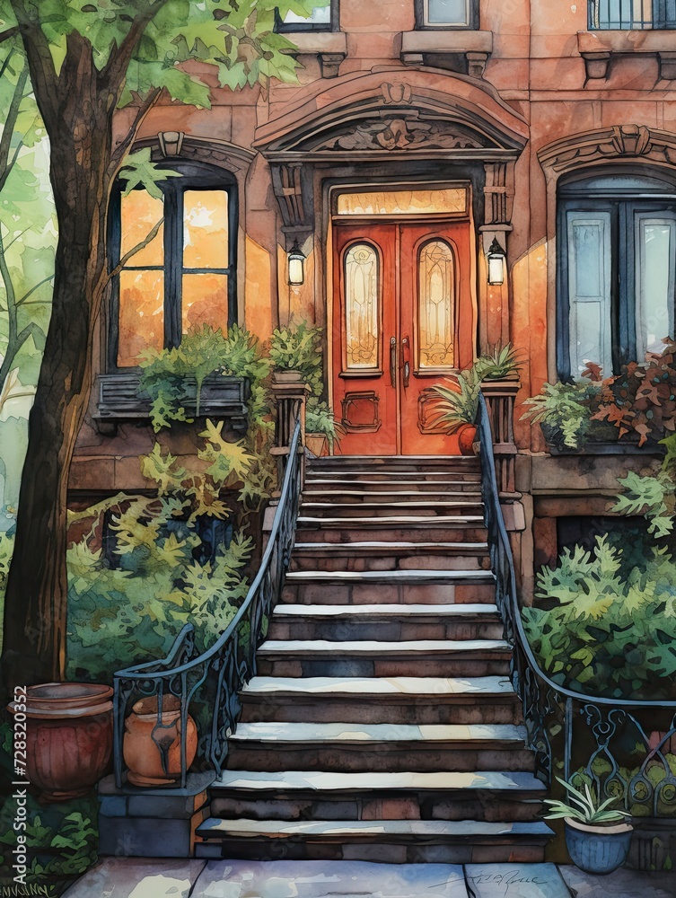 Vintage New York City Homes: Brownstone Art Wall Art - Captivating Cityscape Painting