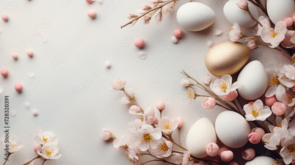 A festive Easter background featuring a minimalist frame adorned with delicate pastel flowers. A festive Easter background featuring a minimalist frame adorned with delicate pastel flowers.