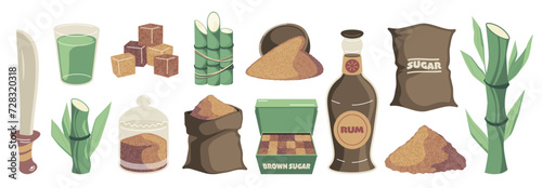 Cartoon brown cane sugar. Organic sweetener in glass jar, bag and barrel, granulated raw sugar cubes for coffee and tea. Vector isolated set. Alcohol drink, bottle of rum and plants