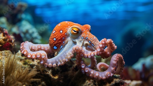 A curious octopus displaying its incredible camouflage skills, blending into its vibrant coral home