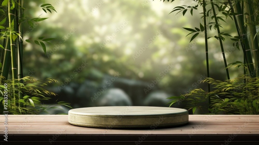 A minimalist podium in a quiet bamboo grove, creating a sense of serenity and calm. A minimalist podium in a quiet bamboo grove, creating a sense of serenity and calm.