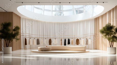 A minimalist luxury retail store with a clean design and designer fashion dis...