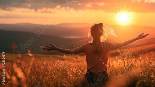 Happy woman on the sunset in nature photo