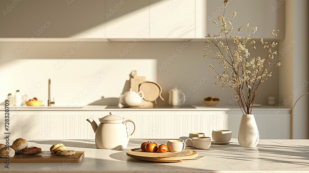 Light kitchen with teapot Cups and snacks