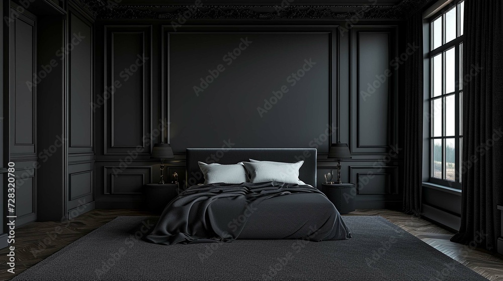 Luxurious large bedroom with black dark grey - obrazy, fototapety, plakaty 