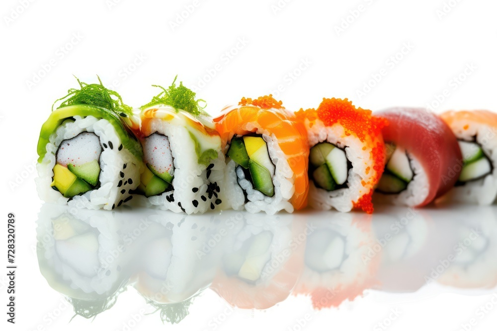 Traditional delicious fresh sushi roll set on a white background with reflection Traditional delicious fresh sushi roll set on a white background with reflection