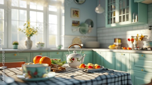 Light kitchen with teapot Cups and snacks photo