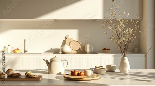 Light kitchen with teapot Cups and snacks