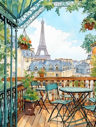 Parisian Island Oasis: Dreamy Rooftop Cafe Artwork in Island-Inspired Parisian Cafes © Michael