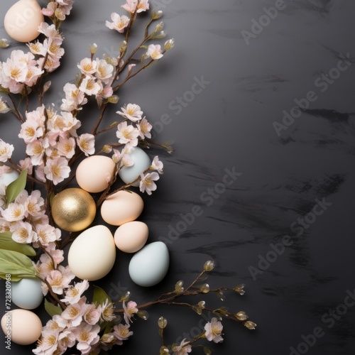 A chic Easter background highlighting a sleek black frame and subtle pastel accents.