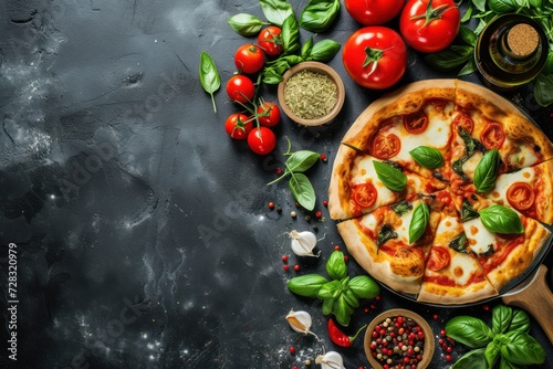 Traditional Italian pizza, vegetables, ingredients on a dark concrete background 
