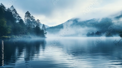 A dreamy mist rising from a serene lake, creating an ethereal and mystical atmosphere. © olegganko