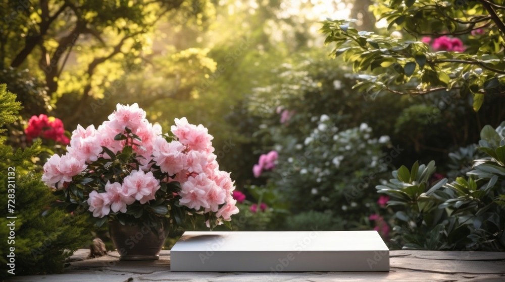 A minimalist podium in a serene garden, framed by vibrant flowers and vibrant foliage. A minimalist podium in a serene garden, framed by vibrant flowers and vibrant foliage.