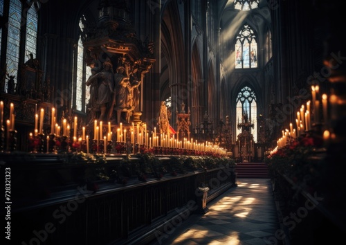 A long aisle with candles in the middle of a cathedral. Generative AI.