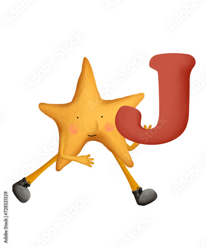 Bright cartoon alphabet. Cute and funny star with letter J. Illustration for kids on white background