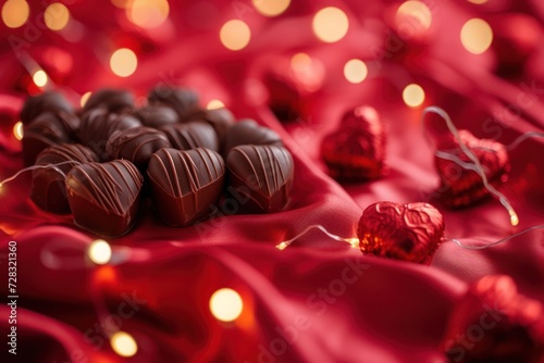 Valentines Day Chocolate Truffles Gift and Lighting Decorations on Silk Red Background