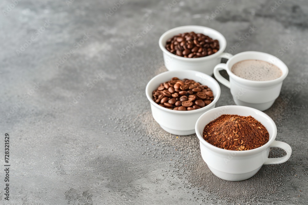 Variations of porridges and bean in white saucers on a gray concrete background Variations of porridges and bean in white saucers on a gray concrete background
