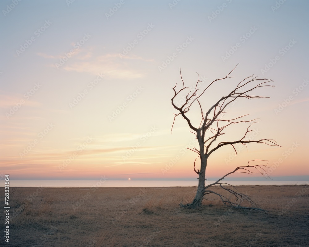 A dead tree on a beach at sunset. Generative AI. A dead tree on a beach at sunset. Generative AI.