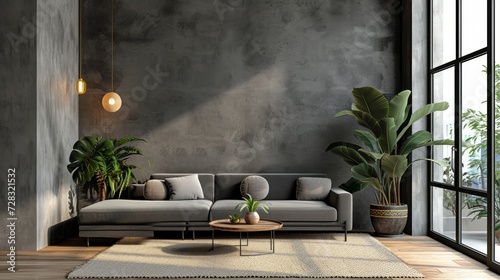 A minimalist living room with a concrete accent wall, imparting an industrial and urban vibe. © olegganko