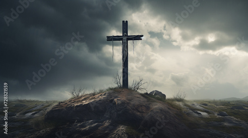 Christian cross on grey cloudy sky background